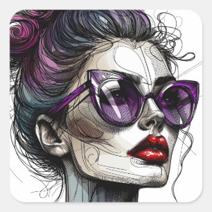 Pegatina Cuadrada Mujer guapa con gafas de sol y labios rojos