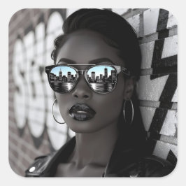 Pegatina Cuadrada Mujer Hermosa en Ciudad con Gafas de Sol