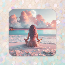 Pegatina Cuadrada Mujer hermosa meditando en Beach Blank