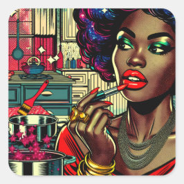 Pegatina Cuadrada Mujer hermosa poniéndose el lápiz labial