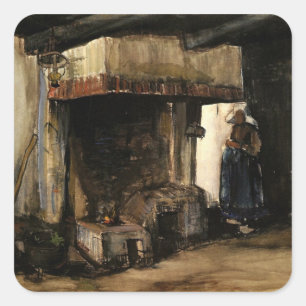 Pegatina Cuadrada Mujer junto a una chimenea por Vincent van Gogh