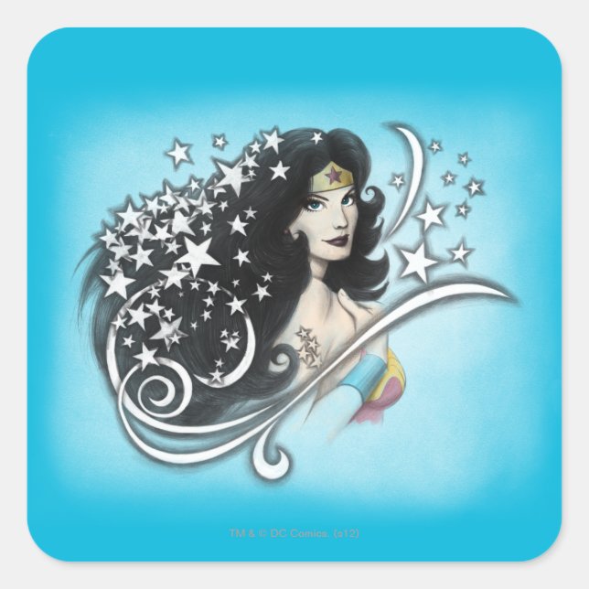 Pegatina Cuadrada Mujer Maravilla y estrellas (Anverso)