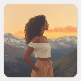 Pegatina Cuadrada Mujer marrón que domina las montañas