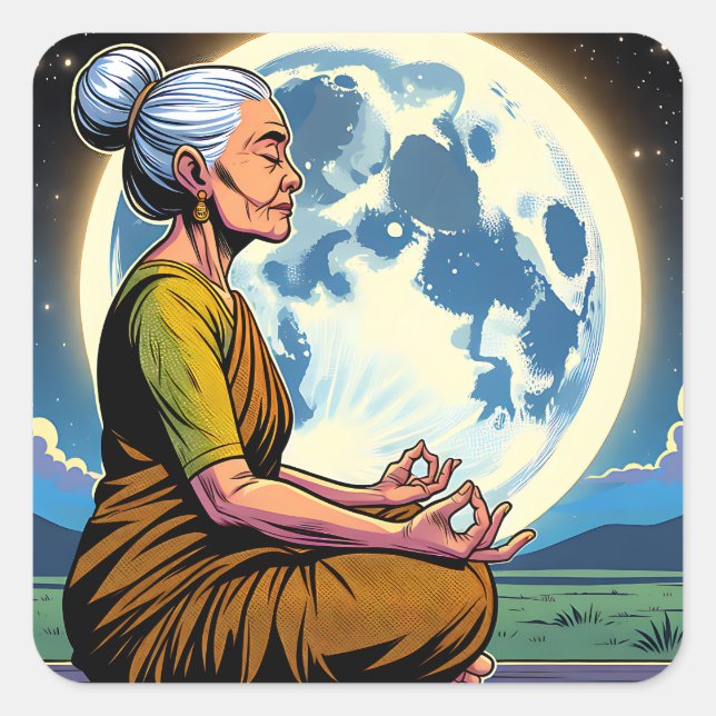 Pegatina Cuadrada Mujer mayor meditando bajo la luna (Anverso)