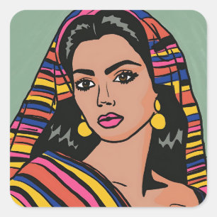 Pegatina Cuadrada Mujer mexicana de mano con sarna colorida