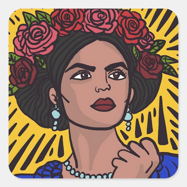 Pegatina Cuadrada Mujer Mexicana Empoderado Estilo Comic Pop Art (Anverso)