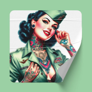 Pegatina Cuadrada Mujer militar tatuada vintage