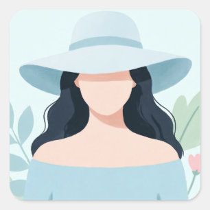 Pegatina Cuadrada Mujer Misteriosa con Sombrero de Ala Ancha