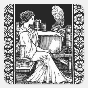 Pegatina Cuadrada Mujer mística con búho, libros y biblioteca clásic