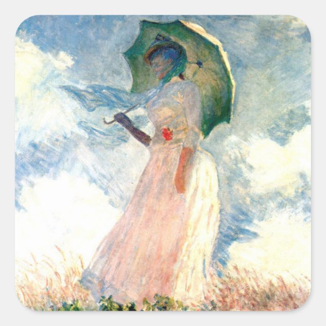 Pegatina Cuadrada Mujer Monet con una sombrilla a la izquierda (Anverso)