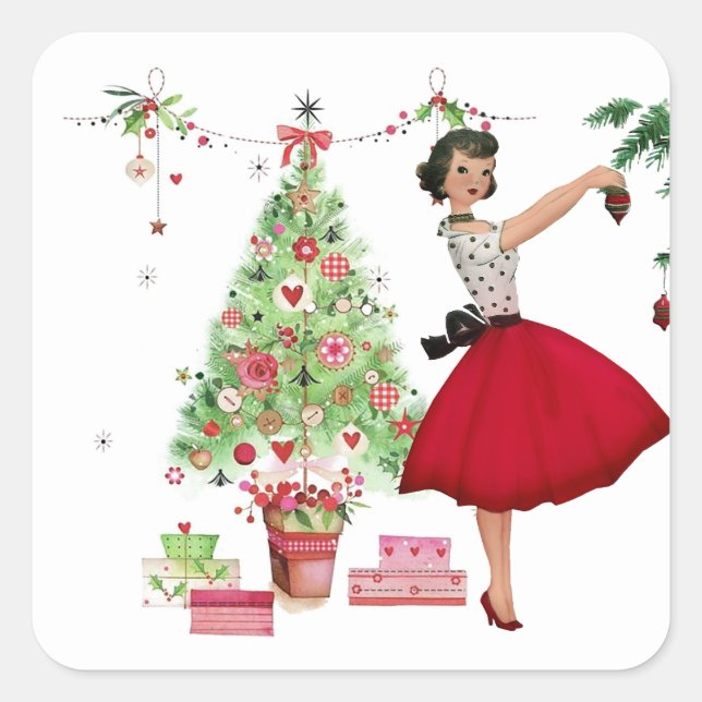 Pegatina Cuadrada Mujer Navidad de 1950 con árbol de Navidad (Anverso)