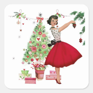 Pegatina Cuadrada Mujer Navidad de 1950 con árbol de Navidad