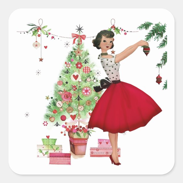 Pegatina Cuadrada Mujer Navidad de 1950 con árbol de Navidad (Anverso)