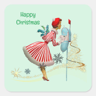 Pegatina Cuadrada Mujer navideña de época con regalos en 1950