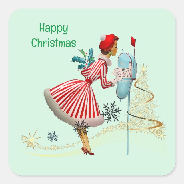 Pegatina Cuadrada Mujer navideña de época con regalos en 1950 (Anverso)