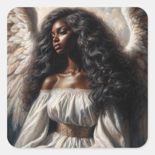 Pegatina Cuadrada Mujer Negra Ángel Con Cabello Largo