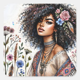 Pegatina Cuadrada Mujer Negra Boho Con Cabello Rizado Acuarela