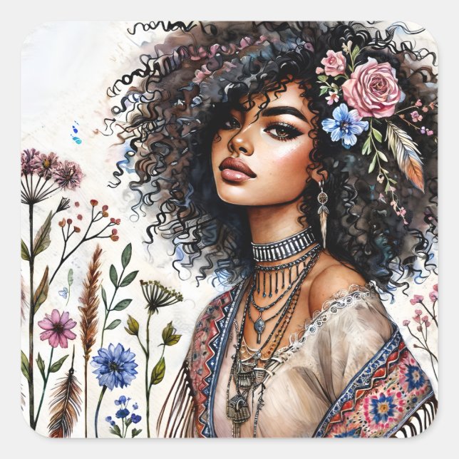 Pegatina Cuadrada Mujer Negra Boho Con Cabello Rizado Acuarela (Anverso)