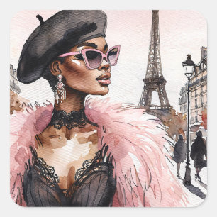 Pegatina Cuadrada Mujer Negra Chic Parisina en Francia Acuarela