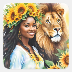 Pegatina Cuadrada Mujer negra con girasoles y león