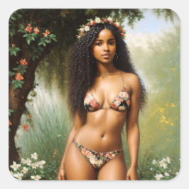 Pegatina Cuadrada Mujer negra Modelo bikini Belleza floral