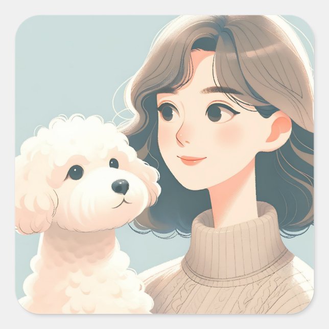 Pegatina Cuadrada Mujer Personalizado moderna y su perro de Bichon F (Anverso)