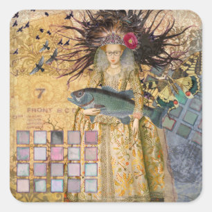 Pegatina Cuadrada Mujer Piscis Vintage Gótico Clásico