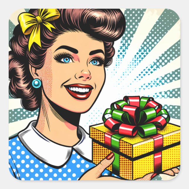 Pegatina Cuadrada Mujer retro con regalo de cumpleaños o Navidades (Anverso)