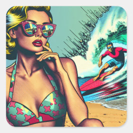 Pegatina Cuadrada Mujer retro rubia y hombre surfista