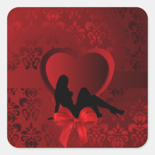 Pegatina Cuadrada Mujer romántica en damasco rojo