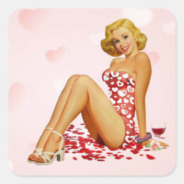 Pegatina Cuadrada Mujer rubia ventilado vestida con rojo con duelo