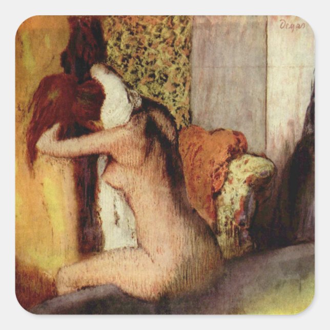 Pegatina Cuadrada Mujer secándose el cuello (Anverso)