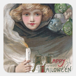 Pegatina Cuadrada Mujer sosteniendo velas y Goblins vintage Hallowee