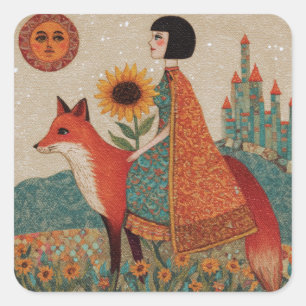 Pegatina Cuadrada Mujer surrealista de fantasía y su zorro rojo