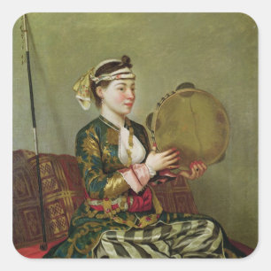 Pegatina Cuadrada Mujer turca con un tambourine