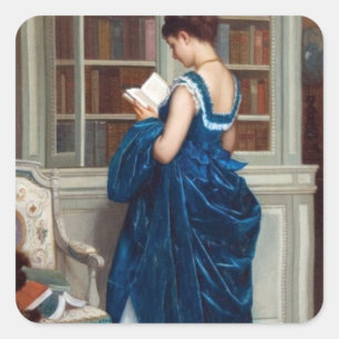 Pegatina Cuadrada Mujer Victoriana Elegante Leyendo en la Biblioteca