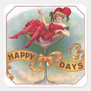 Pegatina Cuadrada Mujer Victoriana Feliz con Champán Rojo