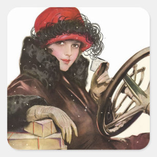 Pegatina Cuadrada Mujer Vintage de Invierno Conduciendo en Navidad
