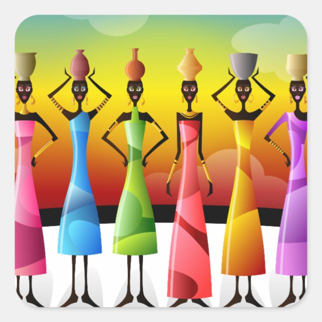 Pegatina Cuadrada Mujeres africanas con alfarería en la cabeza (Anverso)