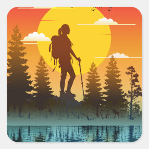 Pegatina Cuadrada Mujeres de la Naturaleza Caminando Puesta de Sol