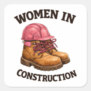 Pegatina Cuadrada Mujeres en botas de trabajo de construcción y casc