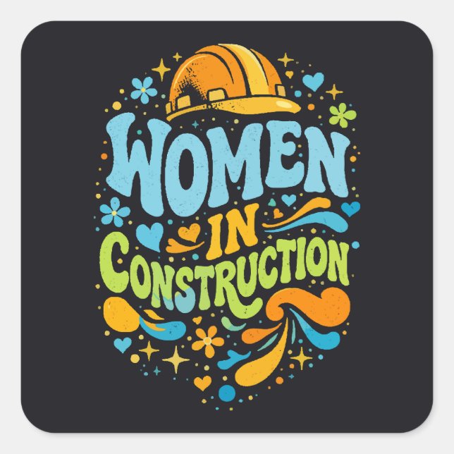 Pegatina Cuadrada Mujeres en la Construcción Empoderamiento Retro (Anverso)