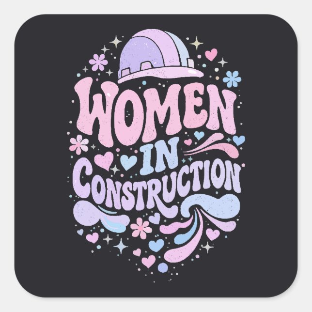 Pegatina Cuadrada Mujeres en la Construcción Empoderamiento Retro (Anverso)