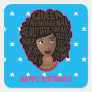 Pegatina Cuadrada Mujeres motivadoras, cumpleaños Starry feliz, azul