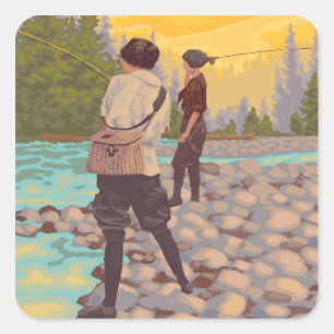 Pegatina Cuadrada Mujeres pescando en la región de Troutdale, Oregón