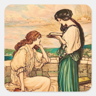 Pegatina Cuadrada Mujeres Vintage Art Nouveau leyendo junto al mar