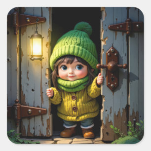 Pegatina Cuadrada Munchkin con gorro de punto y suéter