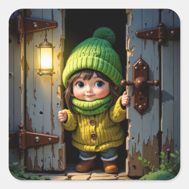 Pegatina Cuadrada Munchkin con gorro de punto y suéter (Anverso)