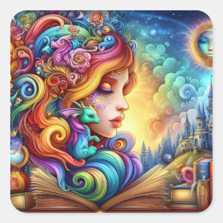 Pegatina Cuadrada Mundo de fantasía mágico libresco élfico y de drag