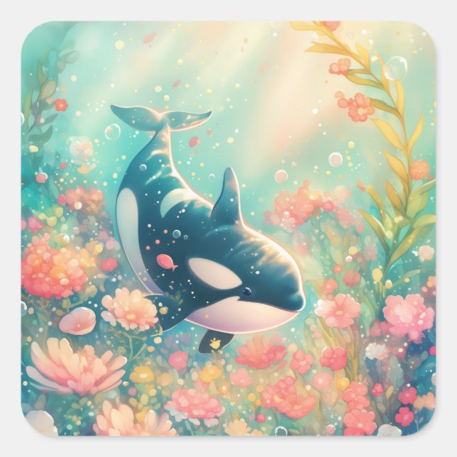 Pegatina Cuadrada Mundo Floral Orca (Anverso)